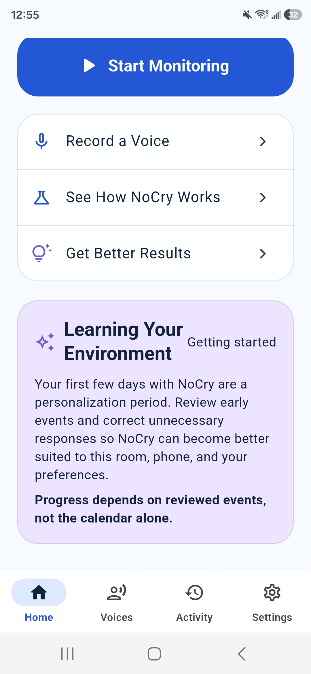 NoCry home ready state during supervised S25 Ultra testing